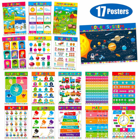 17 Poster Set For Early Education With Alphabet Numbers Time Shapes Seasons Months Emotions Weather Money Colors Opposites Five Senses Math Solar System Farm Animals On Durable PET Film Covers For Nursery And Kindergarten
