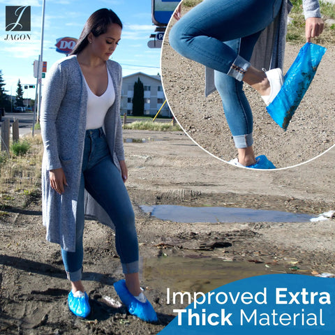Disposable No Slip Shoe Covers Indoors Blue CPE Waterproof One Size Fits Most 100 Pack 50 Pairs Premium Quality Lightweight Booties Shoes Guard Protection shown on woman's feet near puddle.