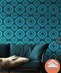 Living room wall with Big Floral Wall Stencil Set 24 By 38 Inches XL Allover Pattern With Free Edging Stencil Two Piece Kit in blue