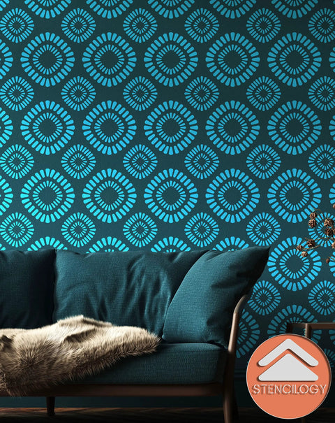 Living room wall with Big Floral Wall Stencil Set 24 By 38 Inches XL Allover Pattern With Free Edging Stencil Two Piece Kit in blue