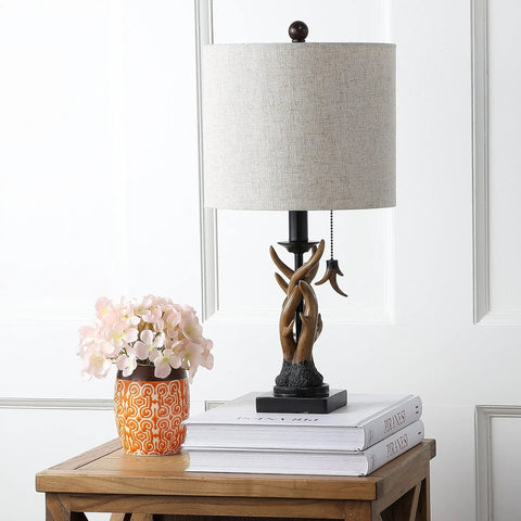 Brown Rustic Antler Table Lamp For Bedroom And Lodge Cabin Decor, 20.5 Inch Faux Antler Style Desk Lamp With Gray Linen Shade