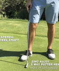 Classic Golf Putter With Two Way Or Blade Options, 35 Inch Length shown on green, tapered steel shaft, zinc alloy putter head.
