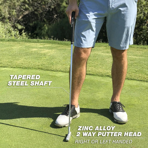 Classic Golf Putter With Two Way Or Blade Options, 35 Inch Length shown on green, tapered steel shaft, zinc alloy putter head.