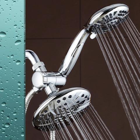 Chrome double shower set with high pressure 6 inch rain shower head with 6 settings for a spa worthy ultimate shower experience