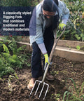 Gardener using Beefy Stainless Steel Digging Fork For Heavy Duty Garden Work, Durable Garden Tool For Digging, Aerating soil.