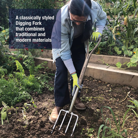 Gardener using Beefy Stainless Steel Digging Fork For Heavy Duty Garden Work, Durable Garden Tool For Digging, Aerating soil.