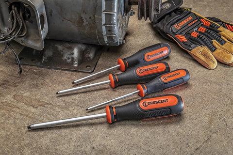 4 Piece Square Screwdriver Set With Tri Lobed Dual Material Handles, Precision Machined Tips, Oil And Solvent Resistant Grips
