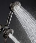Oil Rubbed Bronze High Pressure Three Way Shower System With Rain Head And Six Setting Handheld in use with water spray