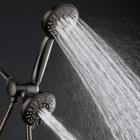 Oil Rubbed Bronze High Pressure Three Way Shower System With Rain Head And Six Setting Handheld in use with water spray