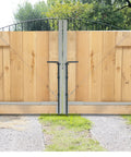 Drop Rod For Double Drive Gates With Pin Latch, Heavy Duty Black Finish, shown in use on 12-foot wide wooden gates.