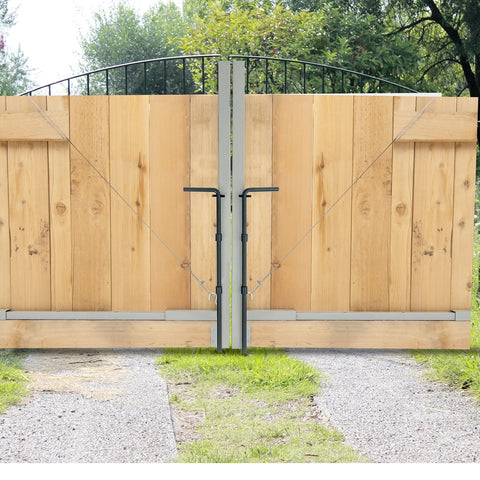 Drop Rod For Double Drive Gates With Pin Latch, Heavy Duty Black Finish, shown in use on 12-foot wide wooden gates.