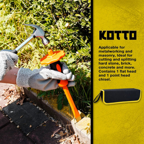 Beefy Heavy Duty 12 Inch Chisel Set With Hand Guard seen in use on masonry, with protective case shown on side.