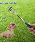 Hand holding 4 Pack Telescoping Bear Claw Back Scratcher Extendable Metal Back Scratcher With Rubber Handle beside a dog on grass