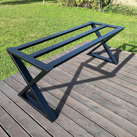 Beefy Heavy Duty Metal Table Base Built To Last With 700 Lb Capacity 28 Inch Height Industrial Table Frame outdoors on deck