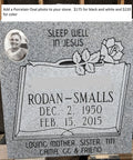 Granite headstone with engraved rose and personal photo, featuring dates, names, and a memorial message.