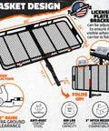 Heavy Duty Hitch Mount Cargo Carrier 60x24x6 Inches 2 Inch Receiver Folding Rack 500 Lbs Capacity with side reflectors