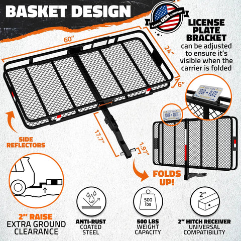 Heavy Duty Hitch Mount Cargo Carrier 60x24x6 Inches 2 Inch Receiver Folding Rack 500 Lbs Capacity with side reflectors