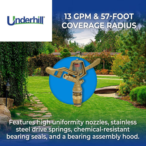 Brass Impact Sprinkler Head For Yard And Garden Full Circle Coverage Up To Fifty Seven Feet Heavy Duty Metal Irrigation Sprayer