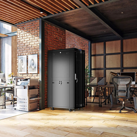 Slick 37U Floor Standing Server Rack With 24 Inch Deep Network Cabinet And Locking Mesh Door displayed in a modern office.