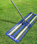 Leveling Rake With Beefy Aluminum Roller And Stainless Steel Core, 40 By 10 Inch Heavy Duty Lawn Tool on grass, Blue