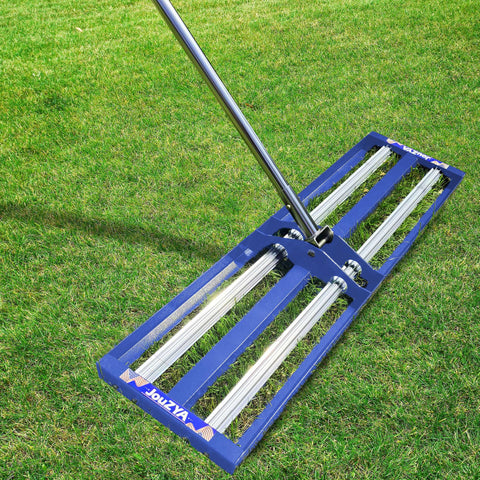 Leveling Rake With Beefy Aluminum Roller And Stainless Steel Core, 40 By 10 Inch Heavy Duty Lawn Tool on grass, Blue