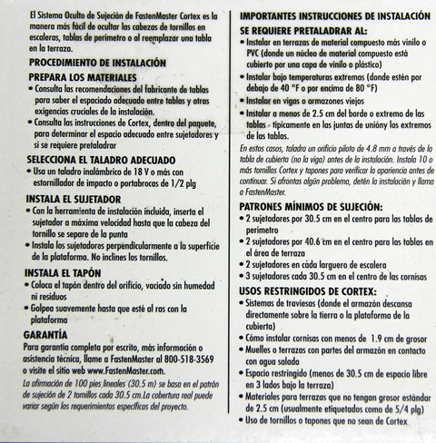 Installation instructions for Cortex Hidden Deck Fasteners for Trex Select Winchester Gray in Spanish, detailing steps and requirements.