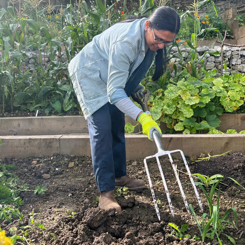 Person using Beefy Stainless Steel Digging Fork For Heavy Duty Garden Work, Durable Garden Tool For Digging, Aerating, And Turning Soil