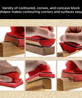 Using Pro Grade Contoured Hand Sanding Block Set with 40 Hook And Loop Sandpaper Sheets on a wooden surface