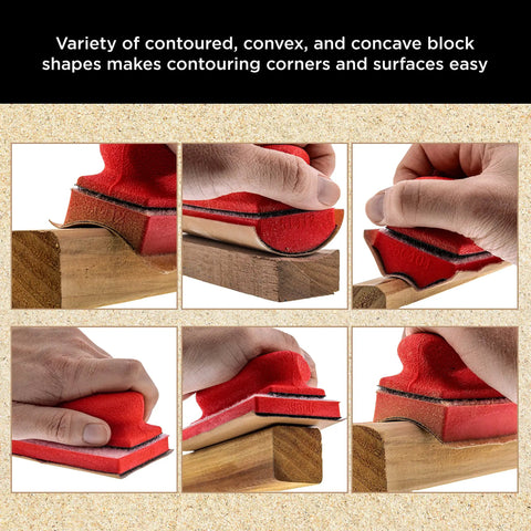 Using Pro Grade Contoured Hand Sanding Block Set with 40 Hook And Loop Sandpaper Sheets on a wooden surface
