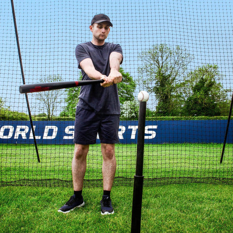 Man practicing batting in Trapezoid Baseball Batting Cage Kit With Complete Cage, Connector Set, And Premium Net Package For 55Ft Practice Tunnel.