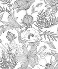 Peel And Stick Black White Lotus Lily Damask Wallpaper Mural For Easy DIY Decor showing intricate floral line art pattern.