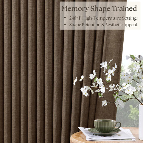 Pleated Linen Blackout Curtains 84 Inches Long 100 Percent Blackout For Bedroom And Living Room With Pinch Pleat Thermal Insulated Back Tab Ring Hooks Room Darkening Drapes In Light Brown With Liner in living room with table and plant