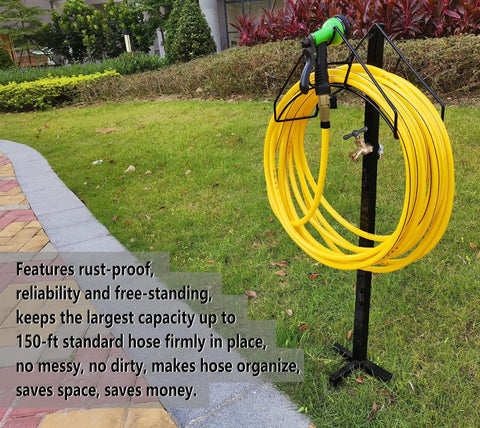 Freestanding Outdoor Hose Holder Stand With Brass Faucet Heavy Duty Metal Water Hose Reel Storage Stake Rack for Backyard