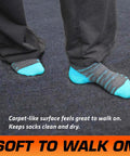 Person with turquoise socks walking on a Heavy Duty Garage Floor Runner Mat 216 Inch Long 30 Inch Wide Cut To Fit Non Slip Backing Absorbs Moisture Waterproof Durable Trimmable Transforms Garage Create A Clean Dry Path And Keeps Dirt Mud And Grass From Tracking Inside
