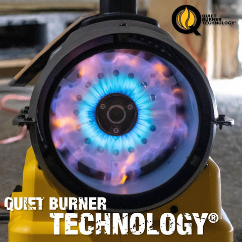 Close-up of the burner in an Outdoor Portable Propane Forced Air Heater 70,000 BTU Heats Up To 1,750 Sq Ft Corded Or Cordless.