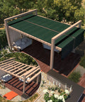 Outdoor seating area with blend of green screens and gazebo with five foot by fifty foot poolside privacy screen for fences heavy duty windscreen with bindings and grommets delivers ninety percent blockage while letting breezes through a breathable mesh includes cable zip ties and is available in custom sizes