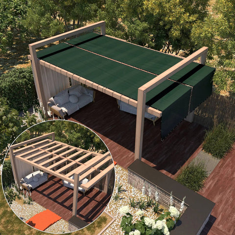 Outdoor seating area with blend of green screens and gazebo with five foot by fifty foot poolside privacy screen for fences heavy duty windscreen with bindings and grommets delivers ninety percent blockage while letting breezes through a breathable mesh includes cable zip ties and is available in custom sizes