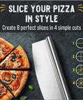 Checkered Chef 14-inch pizza rocker cutter with stainless steel blade and plastic sheath; pizza shown on left.