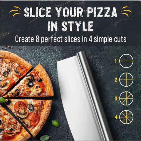 Checkered Chef 14-inch pizza rocker cutter with stainless steel blade and plastic sheath; pizza shown on left.