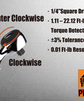 Digital Torque Wrench 1/4 Inch Drive With LCD Peak Hold Range 1.11-22.12 ft-lbs showing clockwise and counterclockwise directions