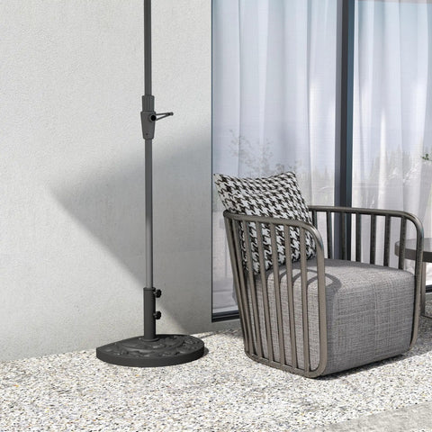 Rock Solid Heavy Duty Half Round Patio Umbrella Base Weight, 33 Lb Resin Concrete Stand next to outdoor chair on patio.