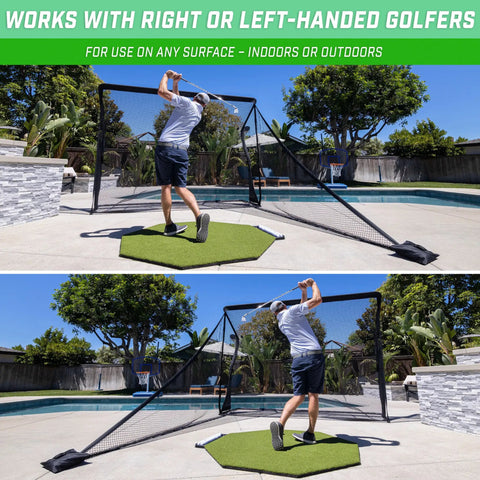 Golf setup with Elite Shank Net for Golf Hitting Nets and Simulator Enclosures, Easy Attach Hook And Loop System in backyard
