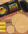 Premium 80 Grit 3 Inch Hook And Loop Sanding Discs For DA Sanders, packaging and discs showing coarse cut and quick attach features.