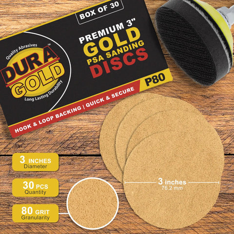 Premium 80 Grit 3 Inch Hook And Loop Sanding Discs For DA Sanders, packaging and discs showing coarse cut and quick attach features.