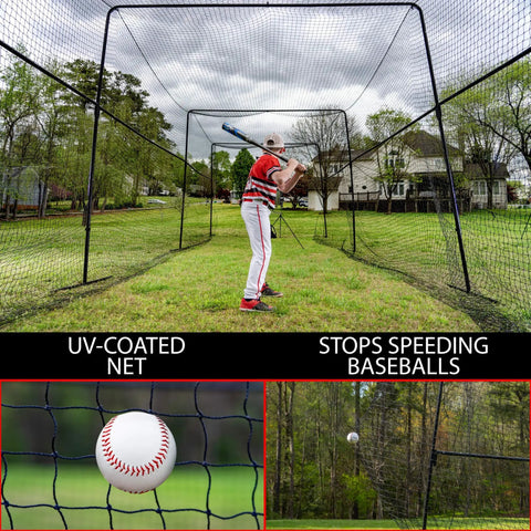 Baseball player practicing in 40 Foot Collapsible Batting Cage With Frame And Netting Freestanding Portable Backyard Baseball And Softball Batting Cage Complete Package For Easy Home Hit Sessions And Backyard Practice Setup