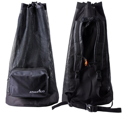 Front and back view of XL Mesh Travel Scuba Diving Bag For Snorkeling Gear And Equipment, all-in-one backpack with PVC mesh