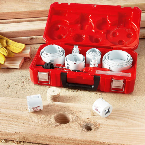 Front view of Milwaukee 28-piece hole saw kit in red carrying case with white hole saws