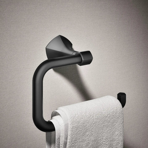 Occasion Matte Black Towel Ring Premium Metal Bathroom Accessory with Durable Finish installed on gray wall