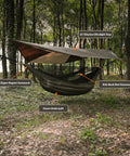 Camping setup with Ultra Lightweight Camping Hammock Underquilt For 3 Season Insulation In OD Green 1 Oz 20D Nylon Shell Synthetic Silk Fill