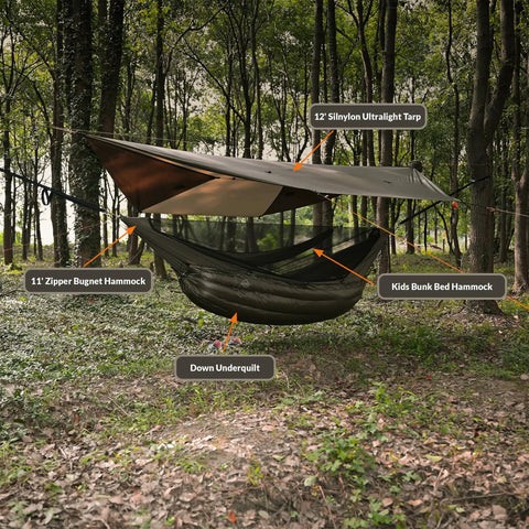 Camping setup with Ultra Lightweight Camping Hammock Underquilt For 3 Season Insulation In OD Green 1 Oz 20D Nylon Shell Synthetic Silk Fill